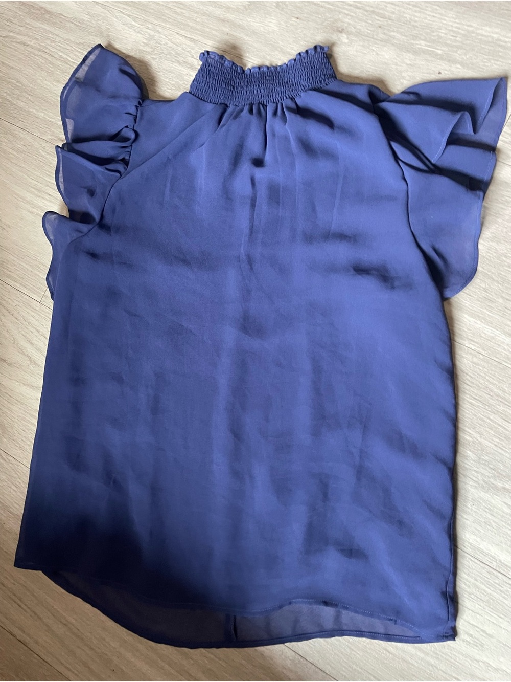 Smocked Neck Flutter Sleeve Blouse — Navy